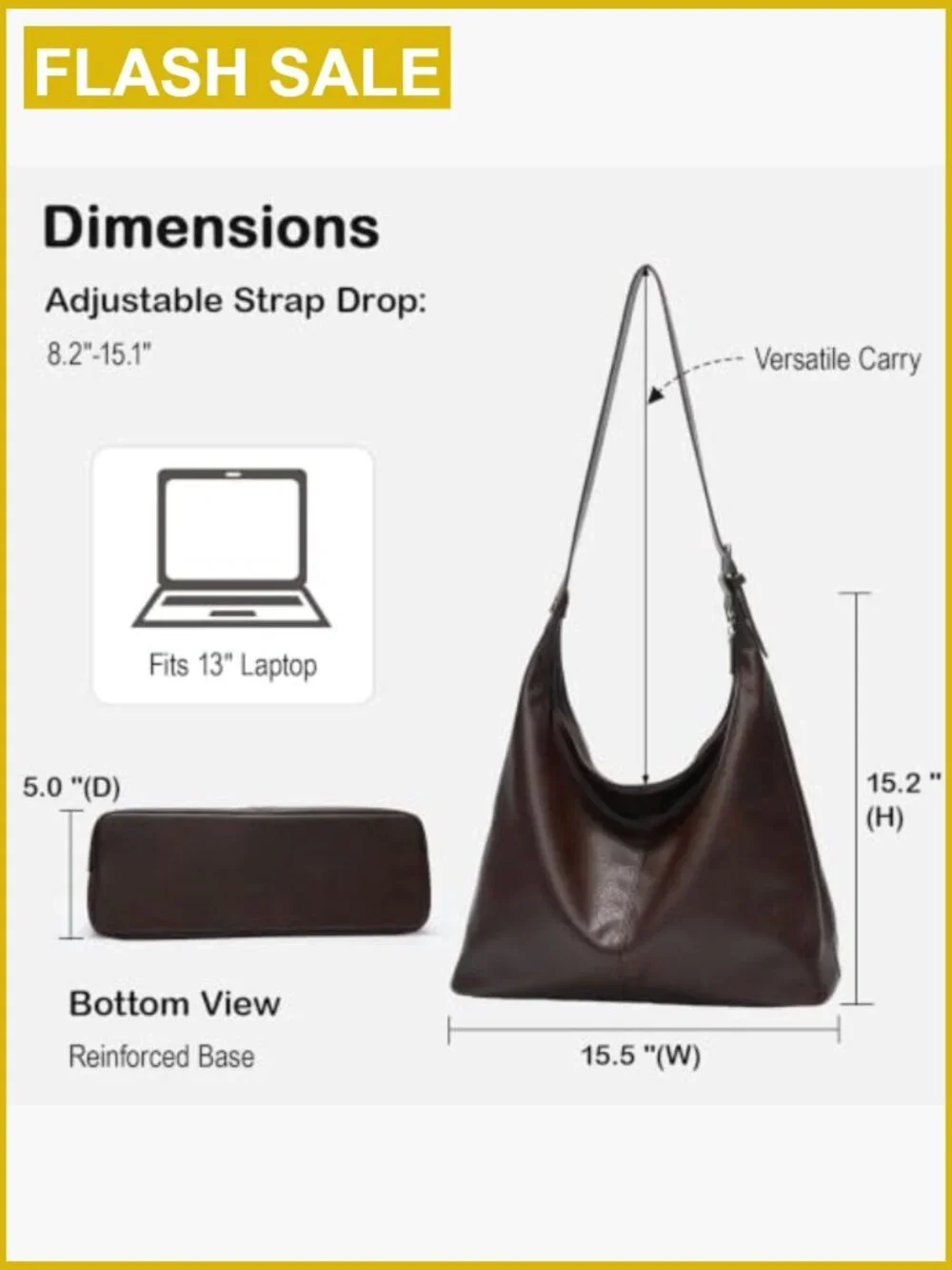 Large Slouchy Hobo Bag Vegan Leather Shoulder Purse Adjustable Strap Fits 13